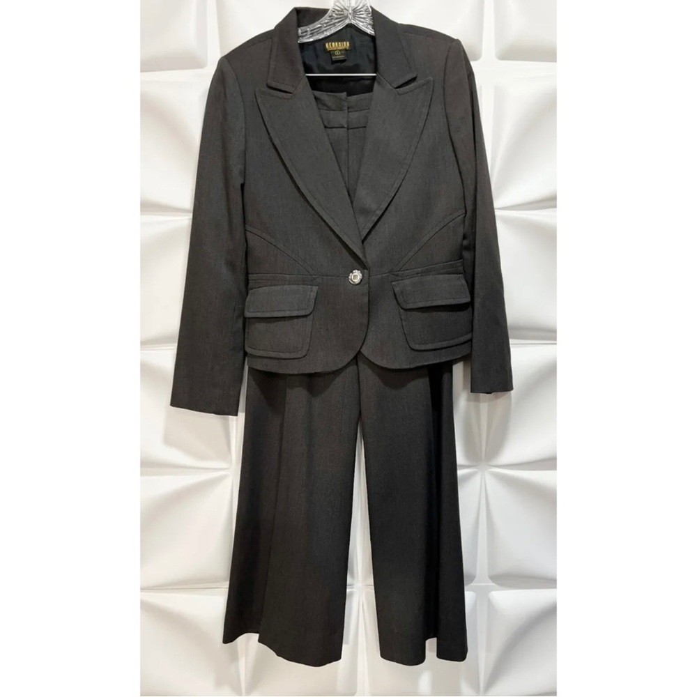 Georgiou Sz 8 Gray Peplum Style Wide Leg Blazer Jacket Pant Suit 2pc Set Womens